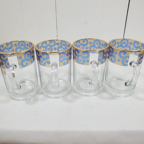4 Gold Trim Demitasse Espresso Cups 4oz  blue liquor stained glass scrollwork - Picture 10 of 12